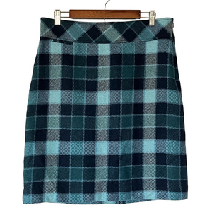 LL Bean Wool Plaid Midi Skirt Teal Navy Size 12